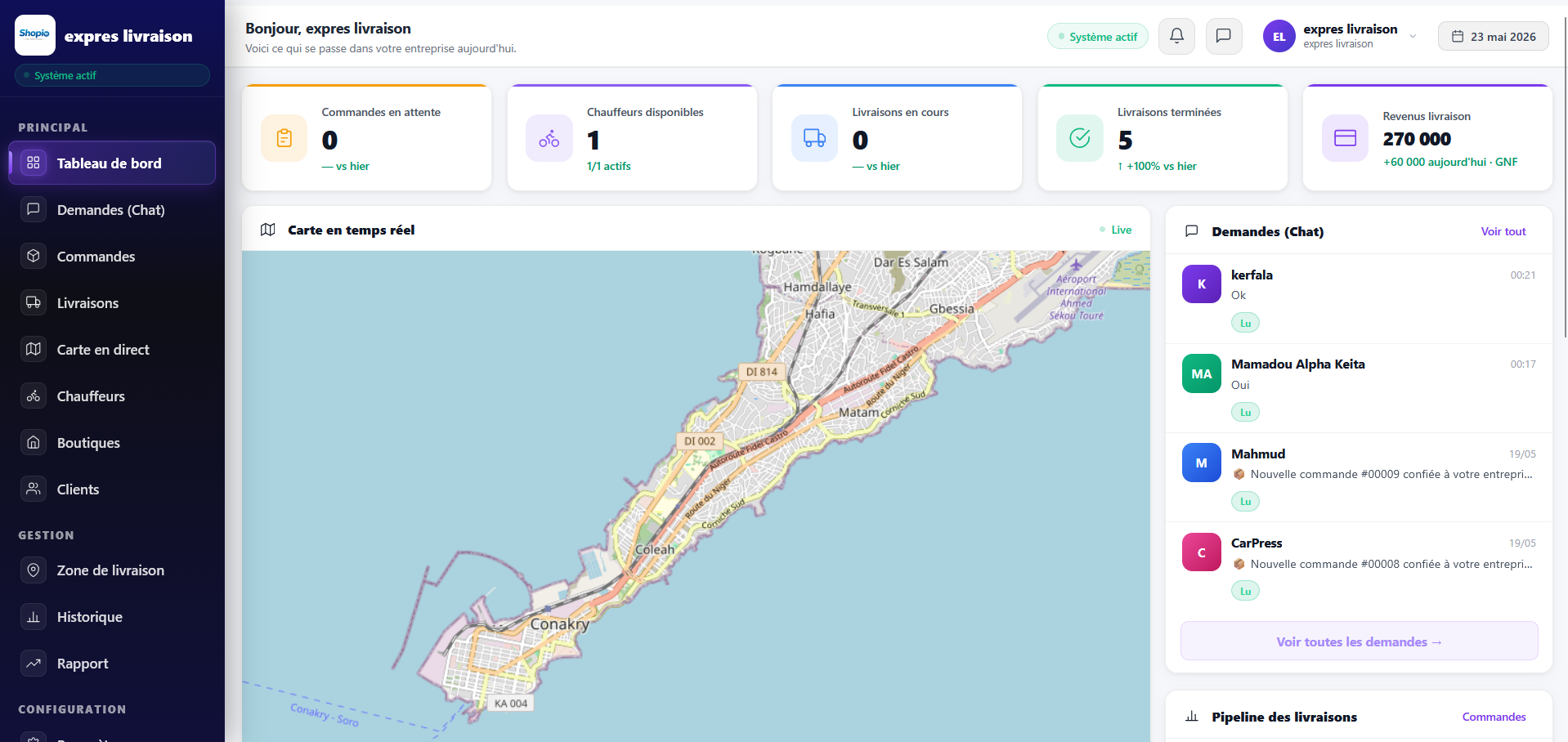 Dashboard entreprise de livraison Shopio